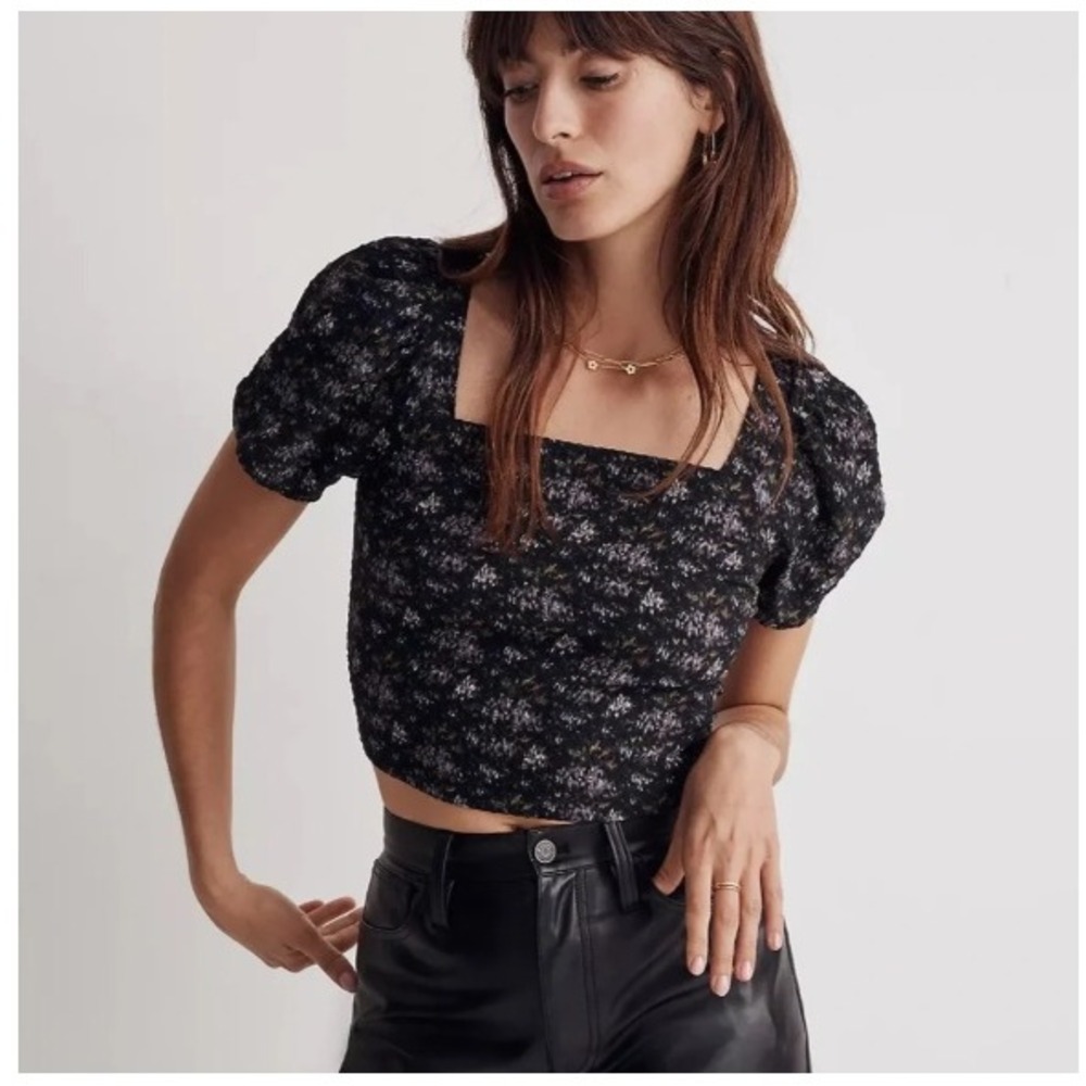 Madewell Hopewell Puff Sleeve Crop Top Square Neck Floral Smocked Back NI014 XS